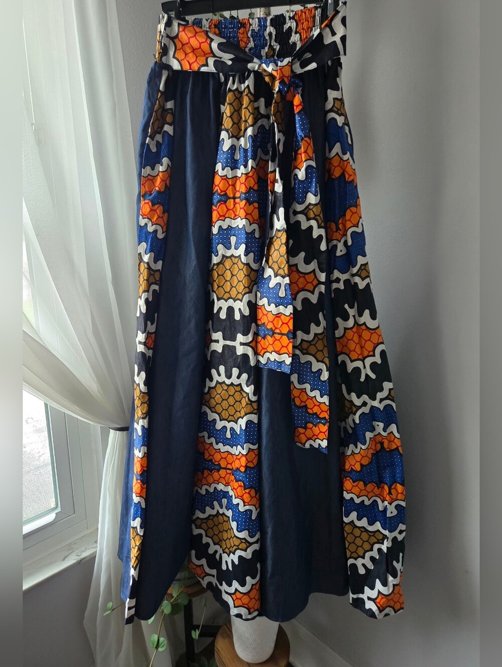 Advance Apparels Mixed Media Denim & African Print Wax Cotton Maxi Skirt -O/S